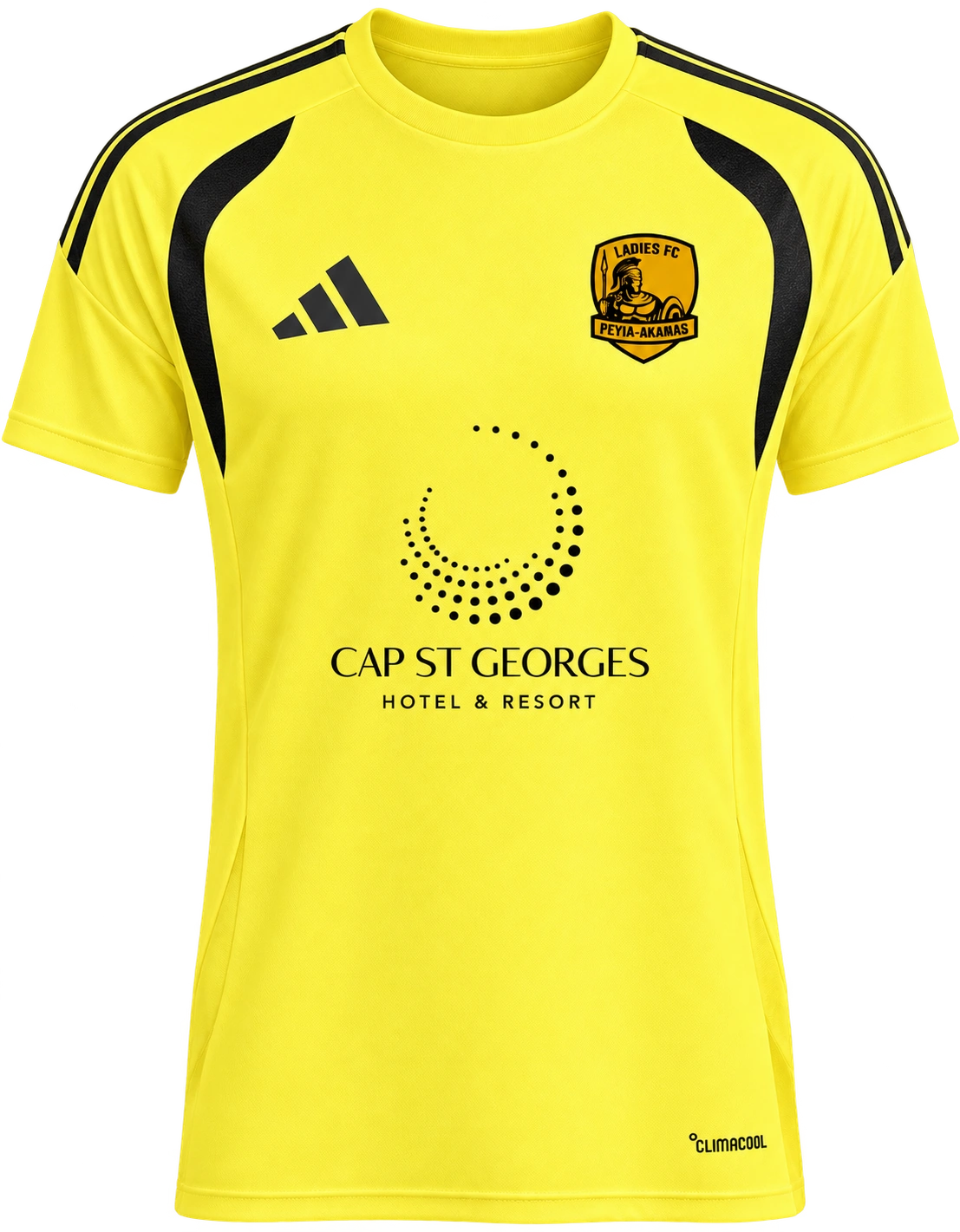 Peyia-Akamas Ladies FC official home shirt in club yellow